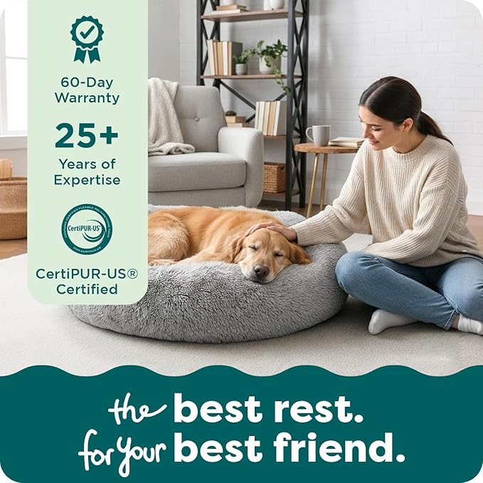 Furhaven 45" Round Calming Donut Dog Bed for Large Dogs, Refillable w/ Removable Washable Cover, For Dogs Up to 90 lbs - Shaggy Plush Long Faux Fur Donut Bed - Taupe, Jumbo/XL