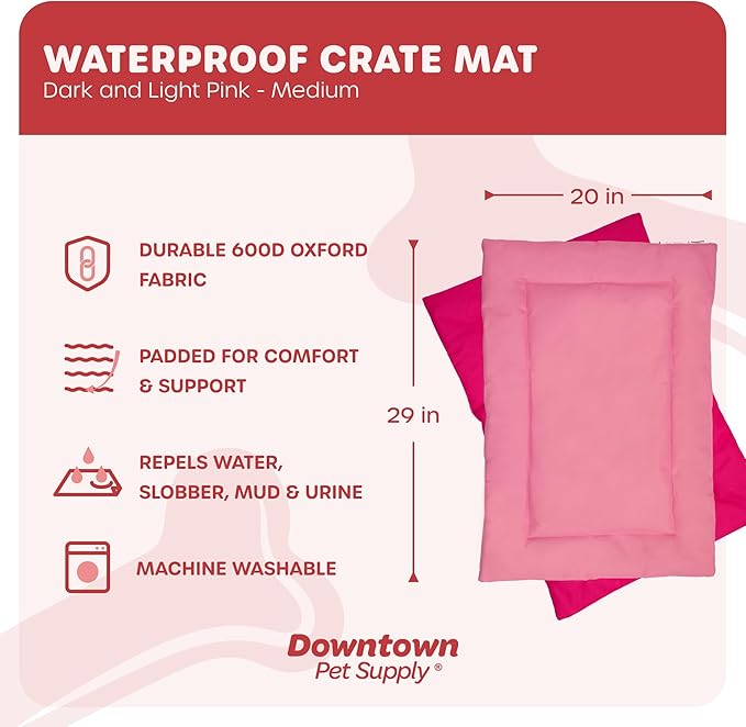 Downtown Pet Supply Dog Crate Pad, 29" x 20" - Waterproof, Ripstop Nylon Dog Crate Mat Chew Proof and Machine Washable - Dark and Light Pink - M