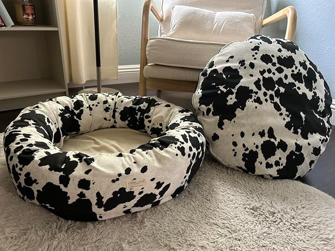 Organic Cotton Canvas Dog Bed: Removable Cover, Natural Fill - Made in USA (Cow Print Black White, X Large 42" x 8" inches)