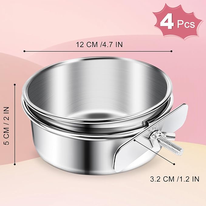 ToLanbbt 4 Pcs Stainless Steel Bird Food Bowls Bird Water Bowls with Clamp Holder, Parrot Feeding Dish Cups Parrot Cage Coop Feeders for Cockatiel Conure Budgie Parakeet Macaw Lovebird Small Animal, M