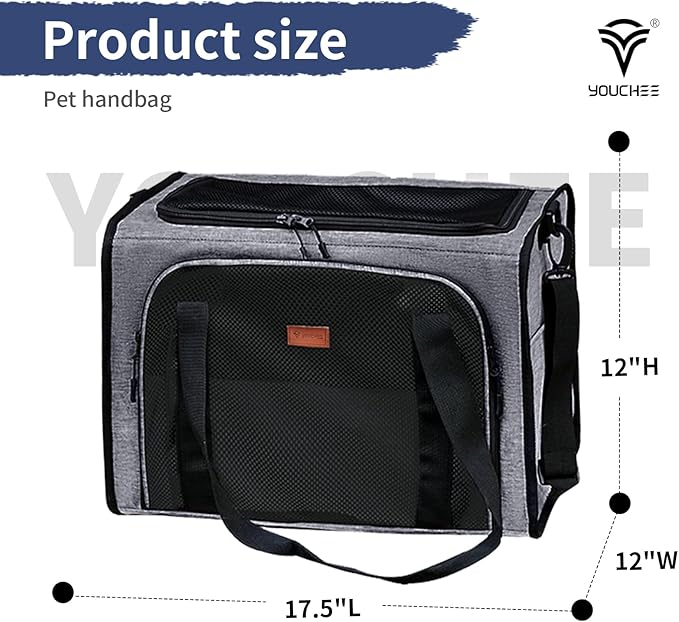 Cat Carrier Dog Carrier, Pet Travel Bag for Cats & Small Dogs up to 15 lbs, Washable Soft Sided Collapsible Airline Approved Puppy Carrier, 17.5"x12"x12. (Dark Gray)