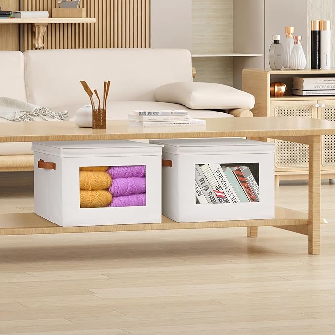 Univivi Storage Boxes with Lids Fabric Foldable Storage Bin for Clothes, [3-Pack] Closet Organizer Containers boxes with Handles for Home, Bedroom, Closet Storage (Beige,17” x 12” x 12")
