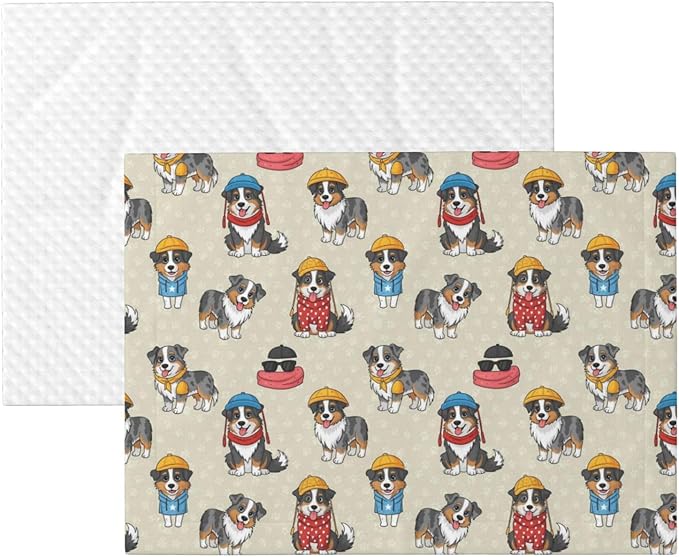 Double Sided Pet Mat for Dog Bed Topper Cat Blanket Furniture Protector, Cute Australian Shepherd Dog and Puppy, Reversible Plush with Tactile Dot Pattern for Style Change