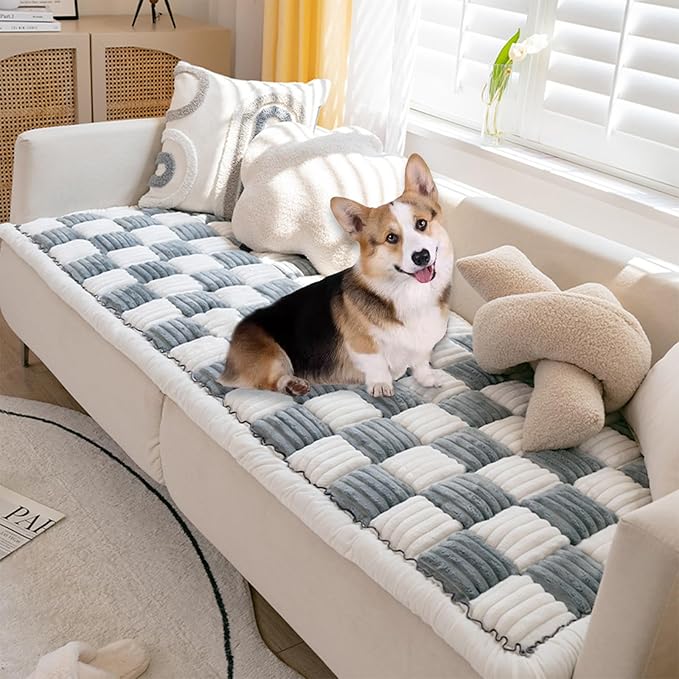 FunnyFuzzy Cream-Coloured Plaid Square Pet Mat Bed Couch Cover, Winter Thickened Dog Bed Cover Pet Blanket Sofa Couch Furniture Protector for Kids Dog Cat(Size:27.6 * 59.06 in,Color:Grey)