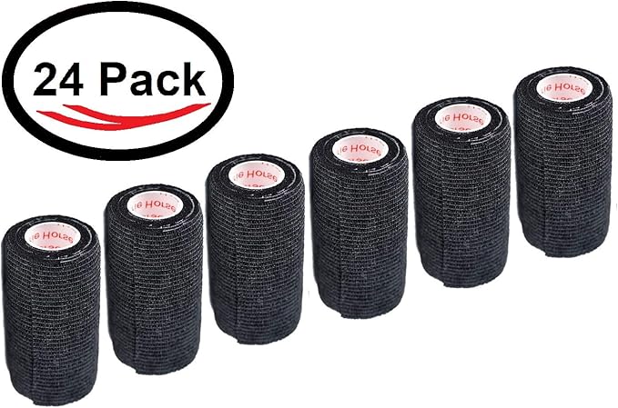 3 Inch Vet Wrap Tape Bulk (Black) (Pack of 24) Self Adhesive Adherent Adhering Flex Bandage Grip Roll for Dog Cat Pet Horse