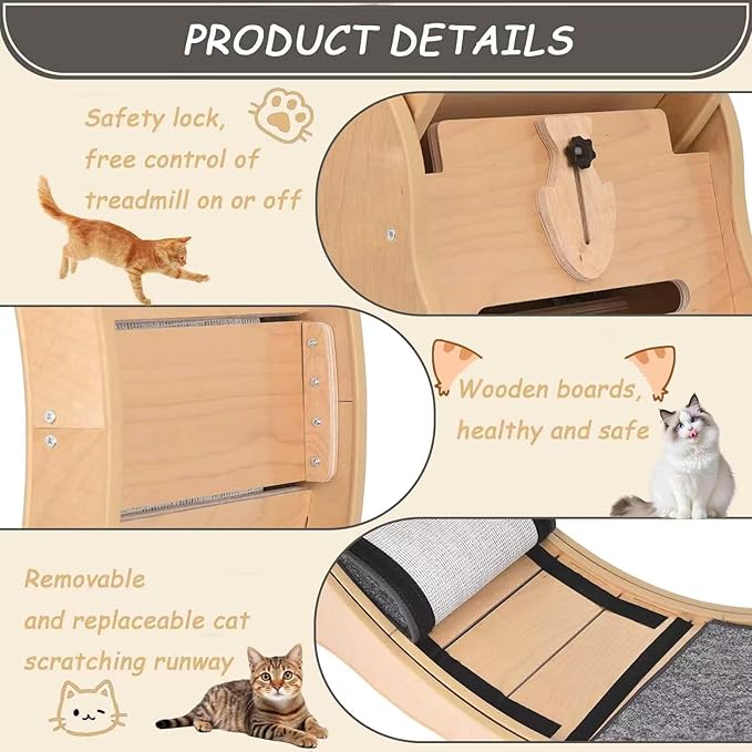 35.4'' Cat Exercise Wheel - Wooden Treadmill for Indoor Cats with Low Noise, Safety Lock, Detachable Carpet & Eco-Friendly Design for Fitness, Weight Loss and Entertainment