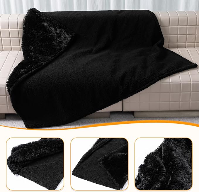 Waterproof Dog Blanket Black Calming Dogs Fluffy Long Faux Fur Pet Throw Blankets for Couch Protector Love Puppy Cat Bed Cover Washable(Black,XL-85x57in)