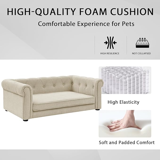 Elevated Rectangle Dog Sofa for Small & Medium Dogs - Comfortable Linen Fabric Dog Bed with Button Tufted Back, Durable Modern and Stylish Pet Bed for Living Room, Bedroom (Beige)
