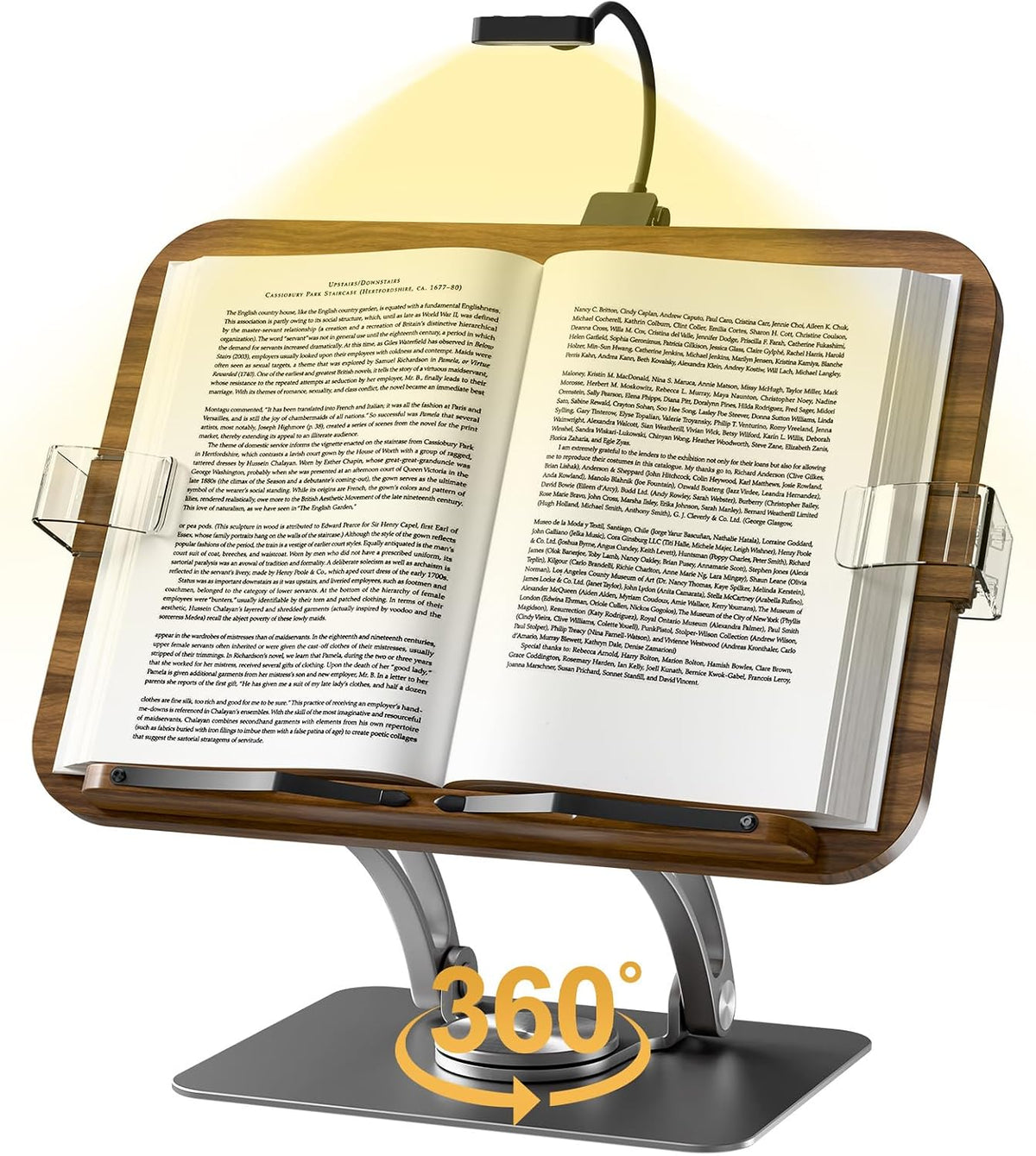 Book Stand for Reading,Adjustable Book Stand with Light,360° Rotating Metal Base,Foldable Cookbook Stand,Reading Hands Free with Page Clips for Recipe,Textbook,Cookbook（3CCT & CRI 90）