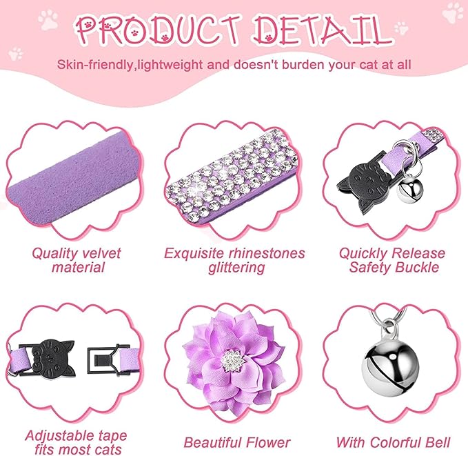 Cat Collars,Rhinestone for Girl Cats Bling Kitten Flower Adjustable Breakaway Collar with Bell Soft Velvet Leather Collar for Puppy Small Dogs (Purple1)