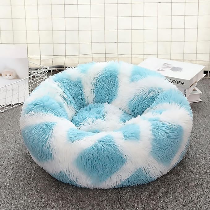 Calming Dog Bed for Small Dogs, Calming Donut Cuddler Pet Bed Anti Anxiety Round Dog Bed Fluffy Plush Faux Fur Cat Bed,Blue+White,27.5IN