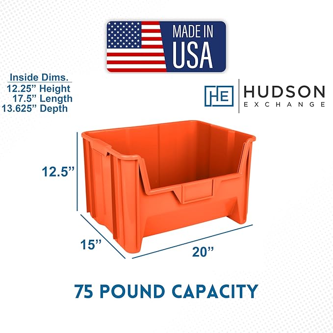 Hudson Exchange 20" x 15" x 12.5" Plastic Giant Stackable Hopper Bin Container, Orange