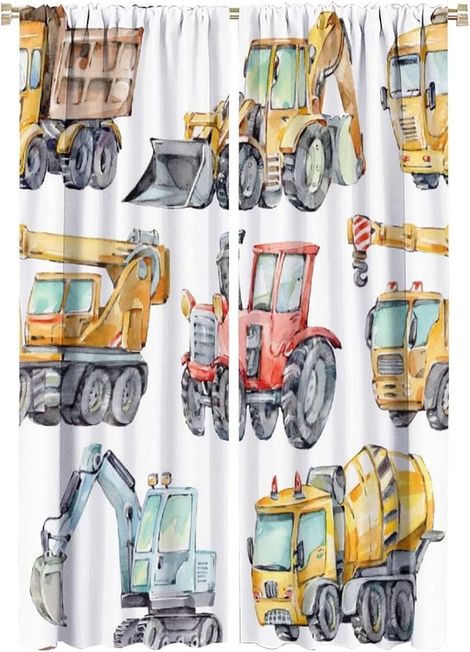 Kids Excavator Curtains, Retro Truck Tractor Machinery Construction Vehicle