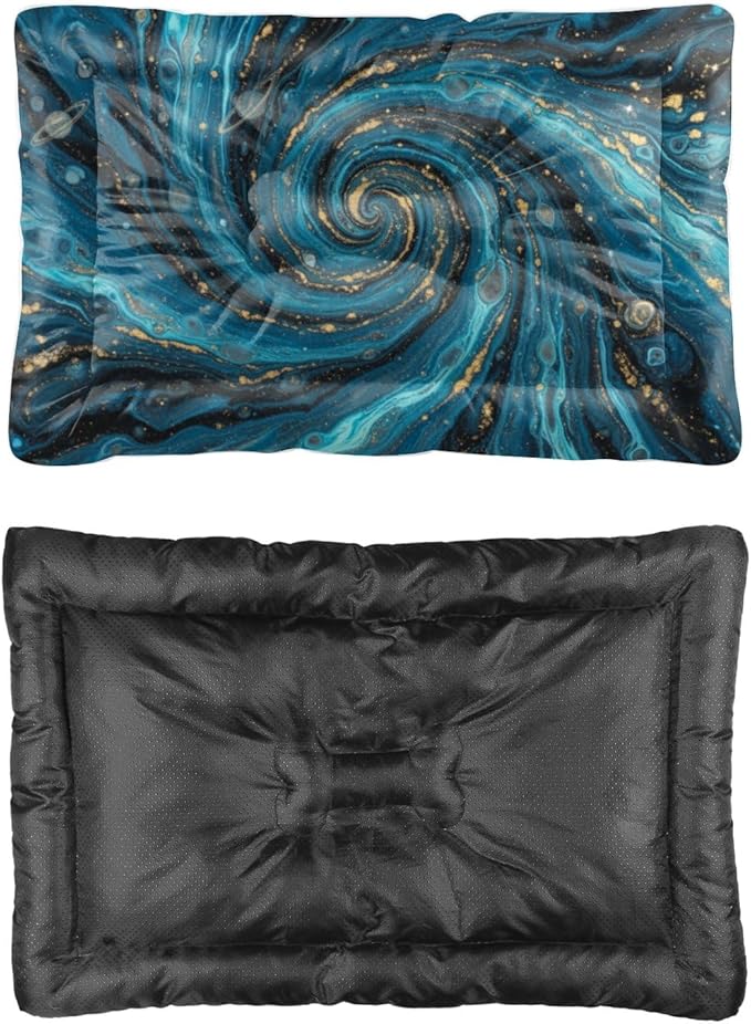 Blue Gold Fluid Swirl Marble Art Small Pet Bed Crate Mat Large Crate Pad Beds for Medium Dogs Washable Non-Slip Bed for Dog Washable Dog Pet Mat Beds Medium Indoor Outdoor 24X18 Inch