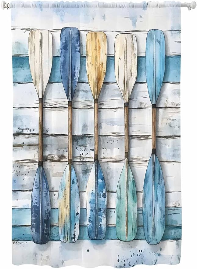 Sheer Curtains 63 Inch Length, Lake Paddle Striped Semi Sheer Curtains Light
