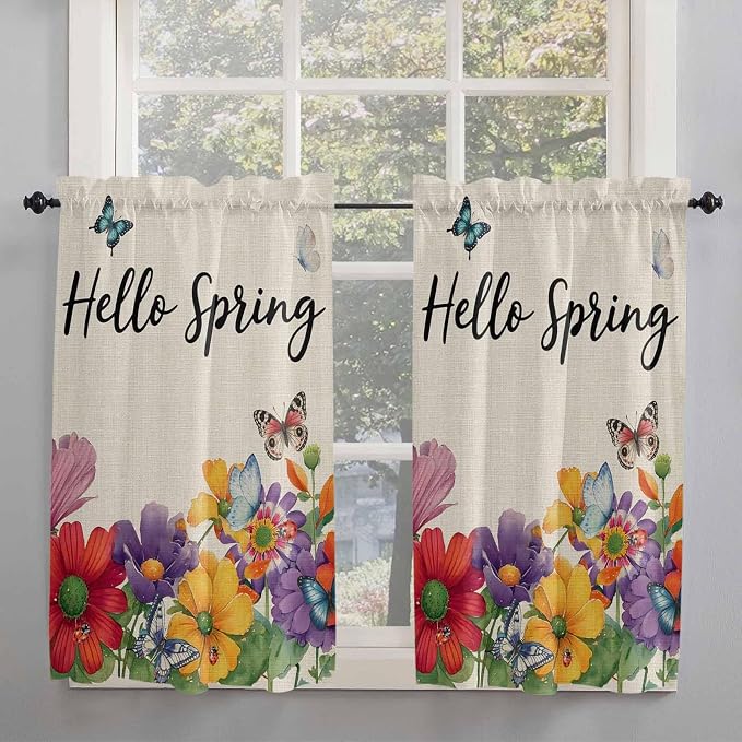 Spring Flowers Kitchen Curtains 54 Inches length, Farmhouse Vintage Country