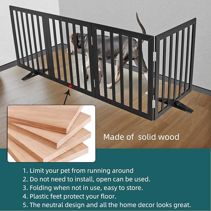ZJSF Freestanding Indoor Dog Gate for House Foldable Wood Puppy Gate for Doorways Pet Gate for Stairs Extra Wide Pet Fence, Black, 32" Height 4 Panels