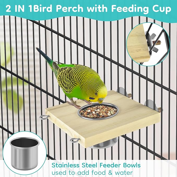 5in1 Bird Perch Ladder with Swing, Natural Wood Parrot Perches Platform with Stainless Steel Feeding Cup, Play Gyms Stands Playground for Budgie Conure Lovebird Canary Hamsters