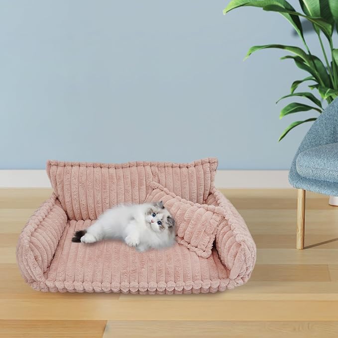 Pet Couch Calming Bed, Pet Couch with Removable Washable Cover, Plush Pets Sofa for Indoor Use, Supportive Orthopedic Dog Bed (Pink)