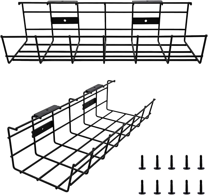 Under Desk Cable Management- 2 Pack Cord Organizer. Metal Wire Cable Management Tray for Office, Studio and Home. Super Sturdy Under Table Cable Management - Black Cable Organizer