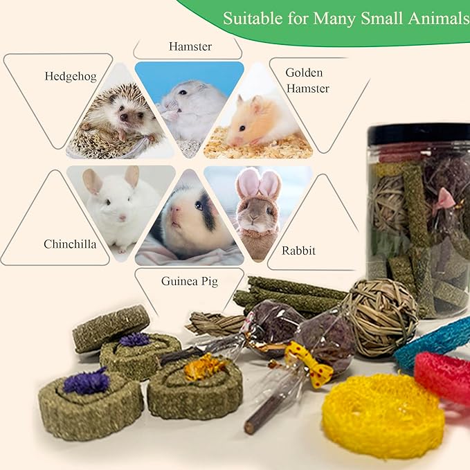 Rabbit Chew Toys for Teeth, 16PCS Natural Timothy Hay Chew Toy, Improve Dental Health for Bunny/Chinchilla/Guinea Pig/Hamsters/Holland Lop, Small Rodent Pet Molar Teeth Treats Toys