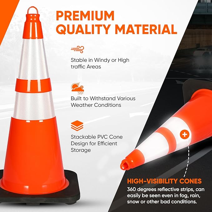 Pyle 28-Inch Safety Traffic Cones, 10-Pack Orange Parking Cones with Reflective Collars, Stackable PVC Construction for Roadwork, Sports Training & Events, Solid High-Density Base for Stability