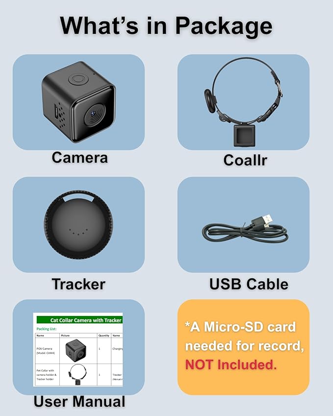 Cat Camera Collar with Tracker Tag, 1080P HD Video Recording, NO WiFi NO APP Pet POV Cam, Body Action Camera for Cat/Dog Tracking — Lightweight, Night Vision, Easy Playback