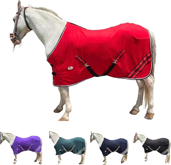 Majestic Ally Anti Pill Fleece Horse Blanket/Sheet with Silver Braided Rope (Red, 70)