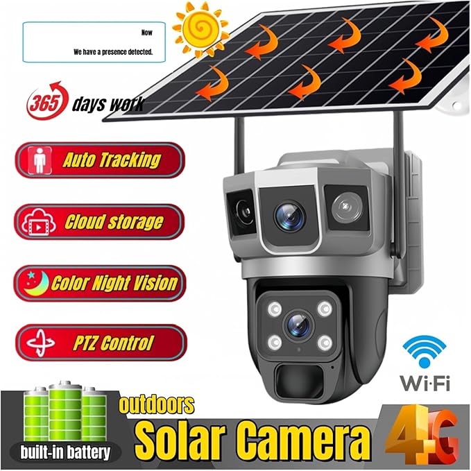 for Outdoor Camera Battery CCTV Monitor 4G SIM Card Network IP Security Pet Camera Motion Detection 3 Screen PTZ Camera(4G CCTV 128G Card)