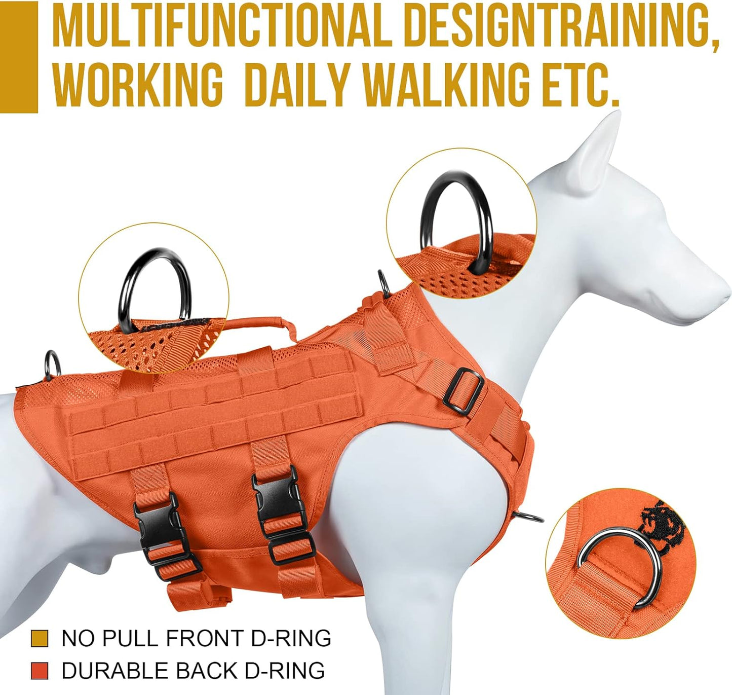 OneTigris Mesh Design Tactical No Pull Dog Harness for Large Dogs, Breathable Service Dog Vest Harness with Handle, Military Dogs Vest with Molle Panels for Walking Hiking (Orange, X-Large)