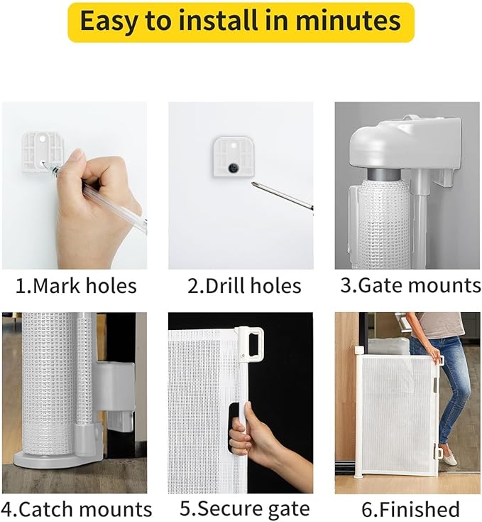 Retractable Baby Gate for Stairs – 33” Height, Expands up to 71” Width – Safety Gate for Infants, Toddlers, Dogs & Pets – Easy Install, Secure Closure, White Mesh Design for Indoor & Outdoor Use