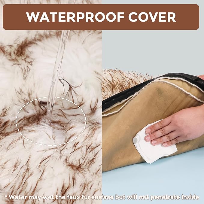50 Inch Faux Fur Dog Bed for Large/Medium Dogs Orthopedic Beds with Fluffy Faux Fur & Soft Memory Foam for Joint Pain Relief, Machine Washable and Waterproof Dog Couch Beds White with Brown