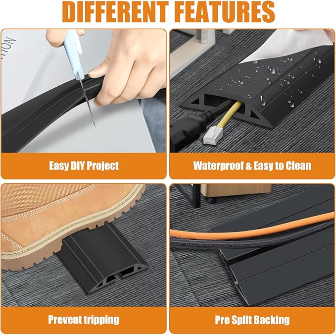 10 ft Cord Covers for Wires on Floor, Heavy Duty PVC Duct Floor Cord Cover, Floor Cable Cover Easy to Unroll Prevent Trip Hazard for Home Office or Outdoor Settings (Black)