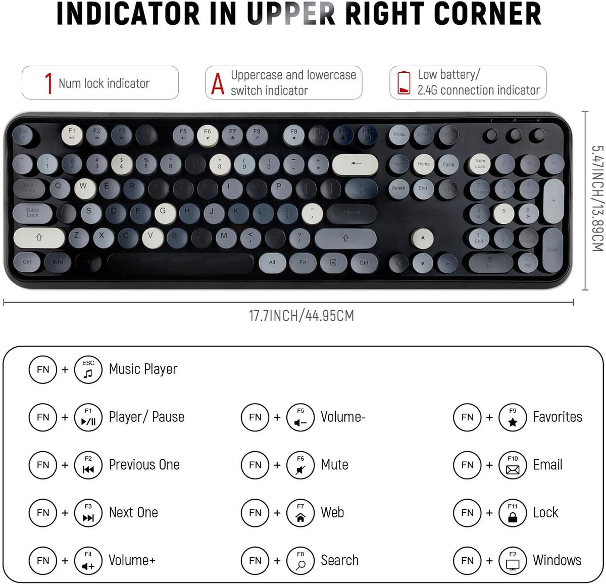Clicky Wireless Keyboard and Mouse Combo,Retro Typewriter Style,Black Gray