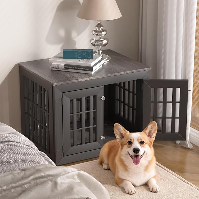 32" Heavy Duty Dog Crate Furniture for Small,Medium and Large Dogs,Rustic Wooden Dog Cage Kennel Indoor Furniture with Waterproof Top,Decorative Pet House Side End Table (Black & Grey)