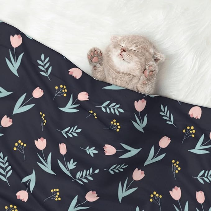 Two Sided Plush Pet Blanket for Crates Carriers Home Use, Shabby Chic Floral Tulips Flower Pink, Reversible Throw with Cozy Dot Fabric and Silky Reverse for Small Large Pets
