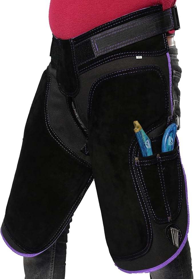 Equine Care Women’s Farrier Apron Chaps 23″ – Leather & Canvas, Adjustable 28–52″ Waist, EVA Padded Knees, Lumbar Support, 4 Knife Pockets & Nail Magnets for Hoof Trimming (Black with Purple Piping)