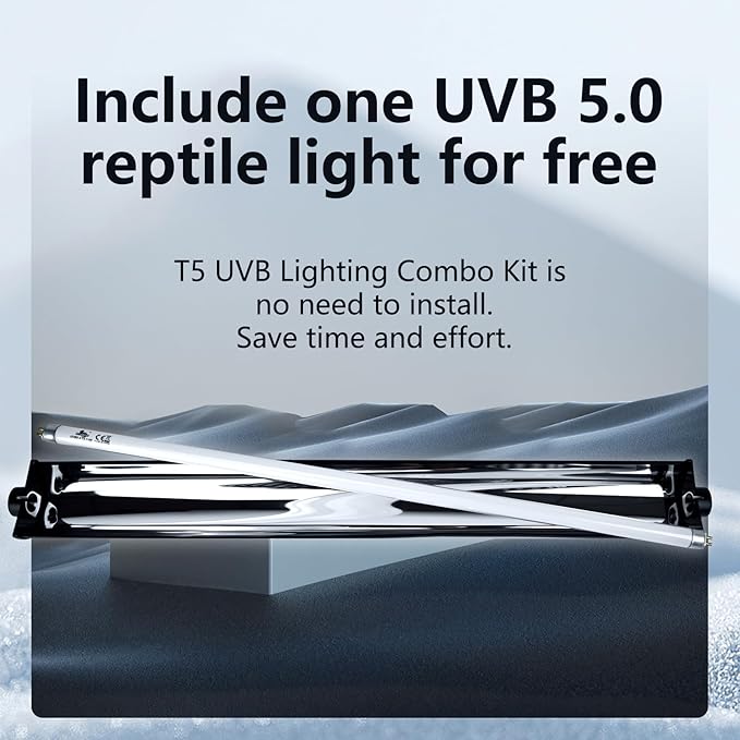 T5 UVB Lighting Combo Kit for Reptiles,24W Light Fixture with Desert 5.0 T5 UVB Light Bulbs Terrarium Hood Heat Lamp for Breaded Dragon,Turtle,Frog,Lizard,Tortoise,Gecko,Snake