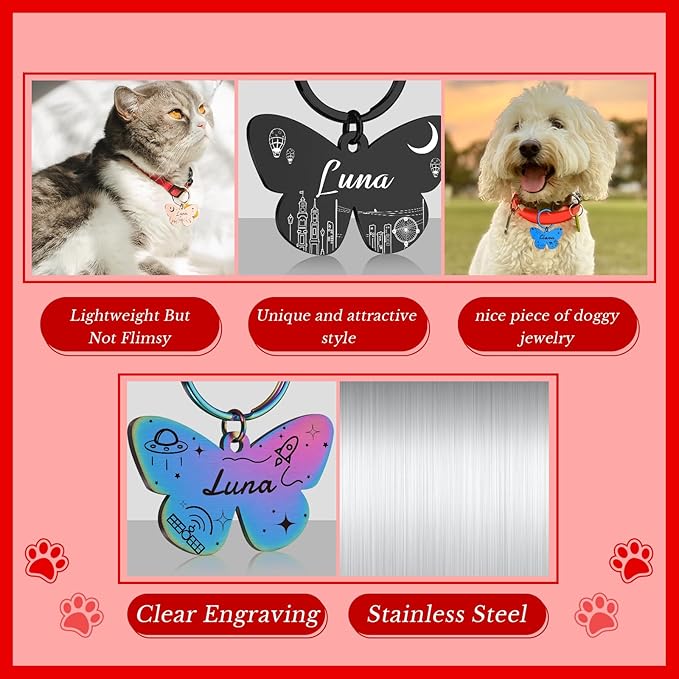 Custom Butterfly Dog Tag - Engraved Personalized Pet ID Tag for Dogs & Cats, Customizable Name, Text, 6 Colors & 3 Sizes, Durable & Cute Pet Collar Charm for Dog Lovers, Pet Mom Dad