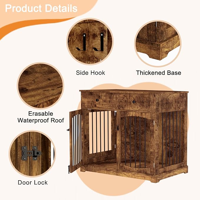 BREEZEHEAT 40 inch Dog Crate Furniture-Farmhouse Dog Kennel with Drawers-End Table Wooden Pet Crate, Double Door Design, Decorative Dog House Indoor for Small Medium Large Dog,Rustic Brwon