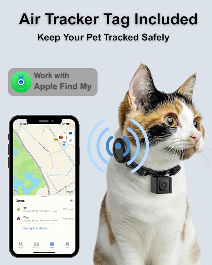 Cat Camera Collar with Tracker Tag, 1080P HD Video Recording, NO WiFi NO APP Pet POV Cam, Body Action Camera for Cat/Dog Tracking — Lightweight, Night Vision, Easy Playback