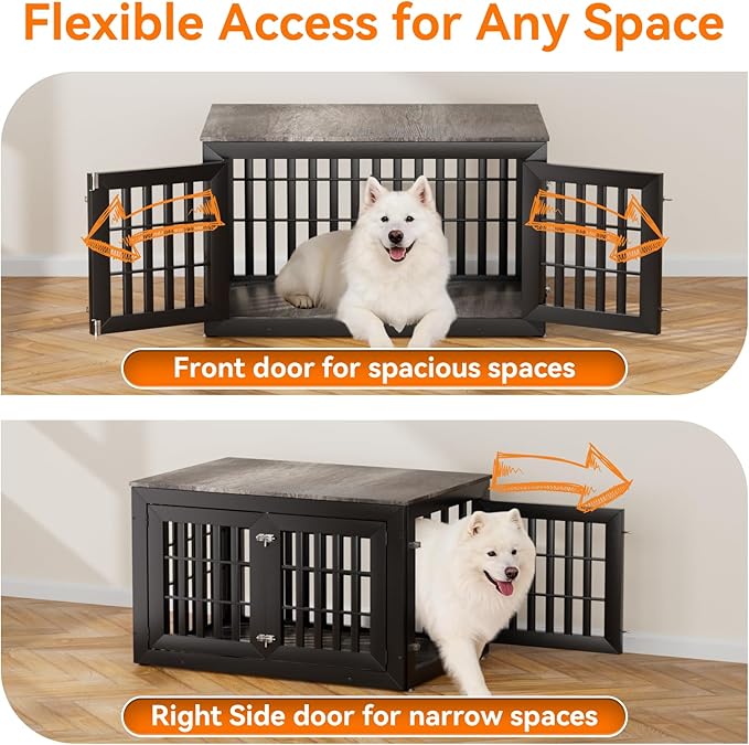 42" Heavy Duty Dog Crate Furniture for Small,Medium and Large Dogs,Rustic Wooden Dog Cage Kennel Indoor Furniture with Waterproof Top,Decorative Pet House Side End Table (Black & Grey)