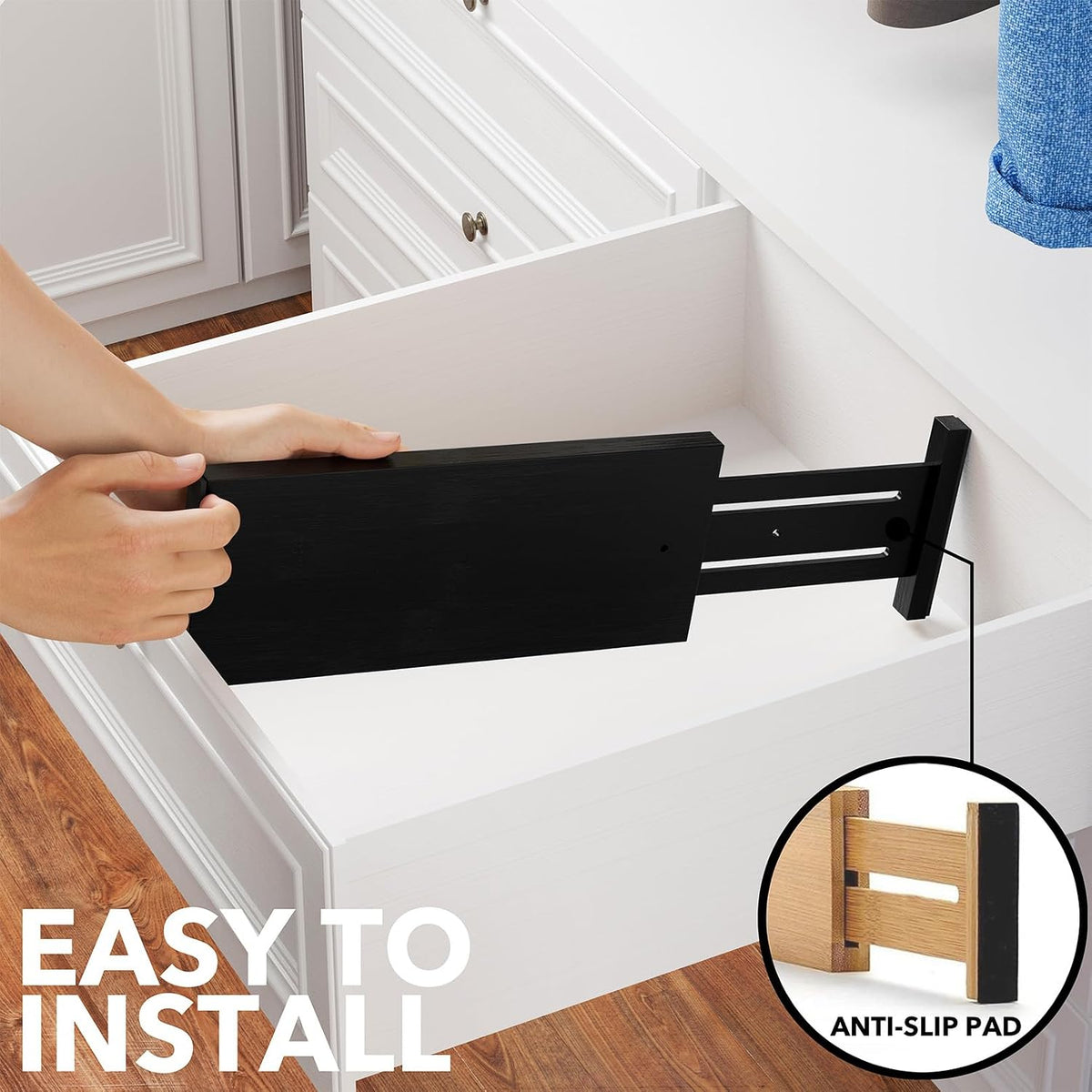 SpaceAid Bamboo 4 Pack Dresser Drawer Dividers, 4.65“ High Adjustable 12.5“-17” Drawer Organizers, Expandable Organization for Clothing, Clothes, Dressers, Black