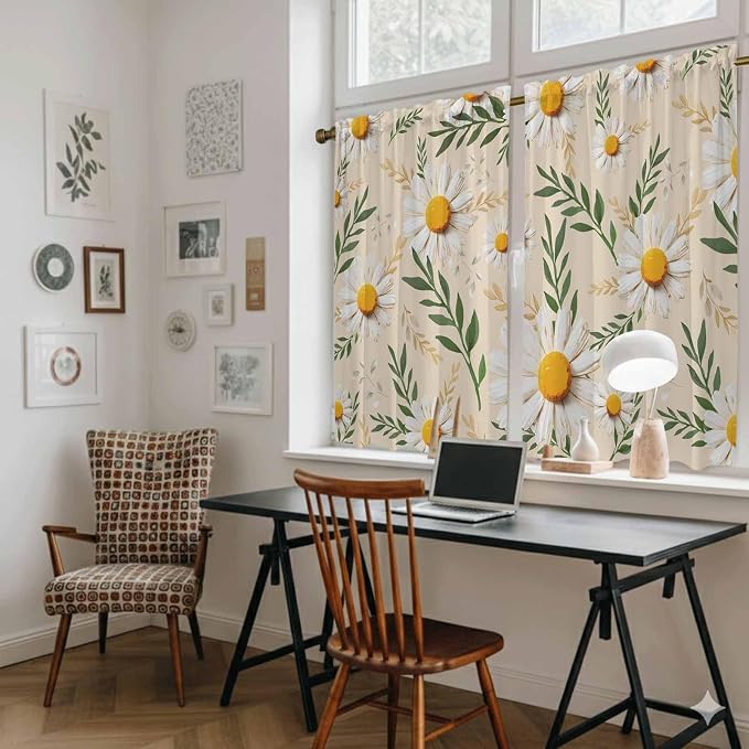 Spring Daisy Kitchen Curtains, Country Watercolor Flower Leaf Plant Light