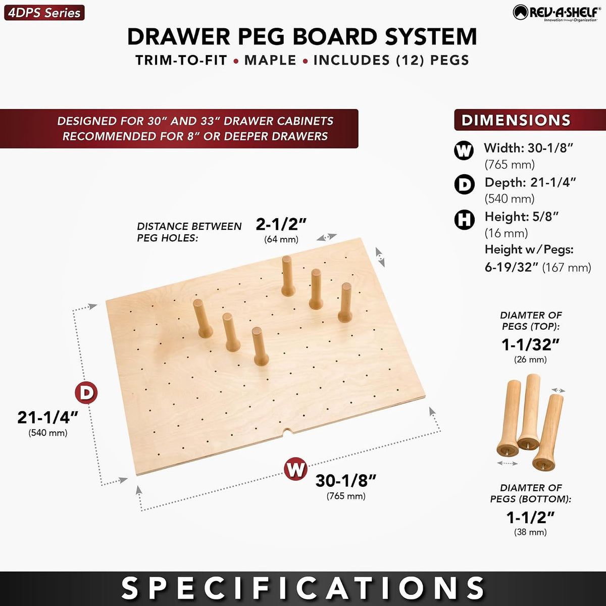 Rev-A-Shelf Trim to Custom Fit Wooden Pegboard Drawer Divider Organizer