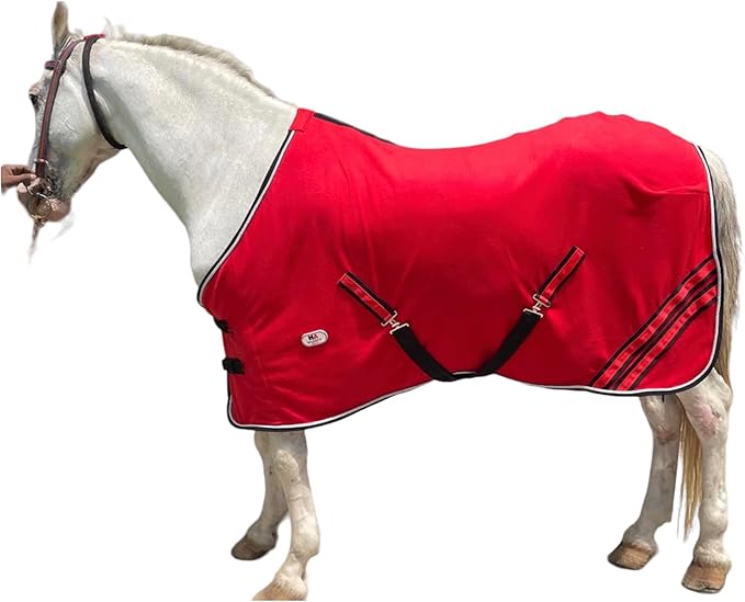 Majestic Ally Anti Pill Fleece Horse Blanket/Sheet with Silver Braided Rope (Red, 82)