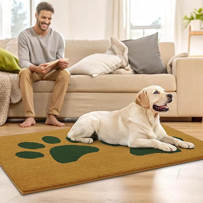 Buganda Dog Door Mat for Muddy Paws, Absorbent Dirt Trapper Washable Indoor Doormats, Non Slip Low-Profile Mud Mat for Dogs, Front Entrance Doormat for Inside Floor (30x20 Inches, Yellow and Green)