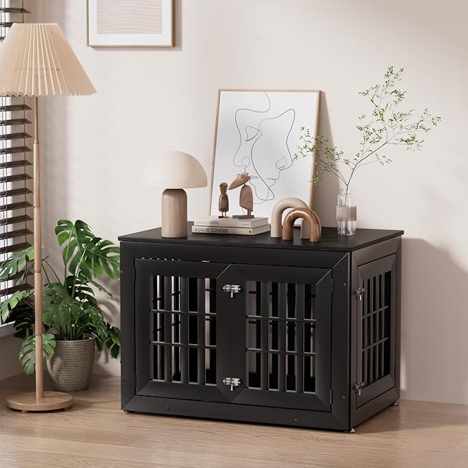 38" Heavy Duty Dog Crate Furniture for Small,Medium and Large Dogs,Rustic Wooden Dog Cage Kennel Indoor Furniture with Waterproof Top,Decorative Pet House Side End Table (Black)
