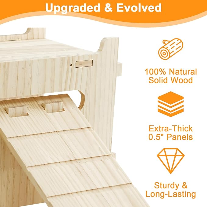 Natural Wooden Rabbit Castle House,Extra Large Bunny Castle for Rabbit Guinea Pig Chinchilla Ferret,Sturdy Bunny House with Stair