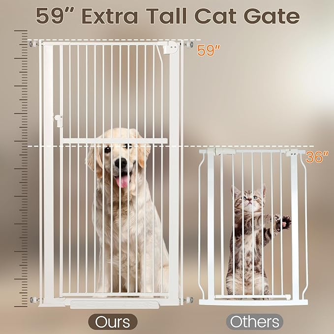 59” Extra Tall Pet Gate, Durable Metal Cat Gate with Double Safety Lock & Walk Thru Door - Self Closing/Stay Open/Open Both Ways, Pressure Mounted Dog Gate for Indoor Stairs, Doorways, Hallways